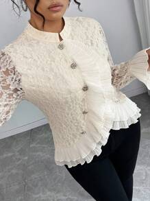 SHEIN Clasi Plus Size Women's Fashion Casual Lace Ruffle Flare Sleeve T-Shirt Fall Cloth For Women - Apricot - View 4