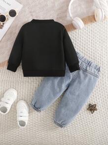 SHEIN 2pcs Baby Boys Sweatshirt + Jeans Set, Round Neck Black Star Print Long Sleeve Sweatshirt Paired With Casual Denim Pants, Fashionable Everyday Wear, Suitable For Autumn/Winter - Black - View 4