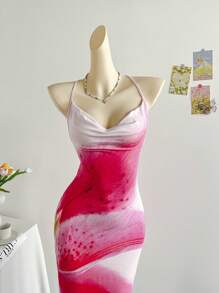 Soleia 女士度假花卉印花低胸露背系带长裙，休闲性感连衣裙，适合夏季度假、约会、下午茶、海滩、游轮、公路旅行、音乐节、波西米亚风度假 - 淺粉色 - 查看 4