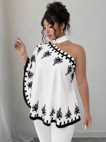 SHEIN Elenzya 女式加大码宽松花卉印花露肩系带衬衫