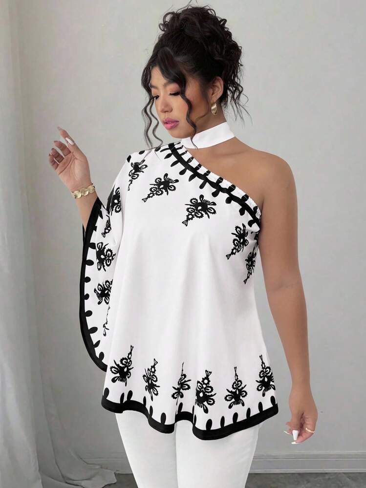 SHEIN Elenzya Blusa Floral Assimétrica com Amarração no Pescoço, Plus Size, Estilo Solto, Novos Looks para o Ano Novo - Multicolorido - Visão 4