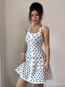 SHEIN Raffinéa 全新时尚设计高品质波尔卡圆点黑白法式束腰女士吊带裙，夏季 - 黑與白 - 查看 5