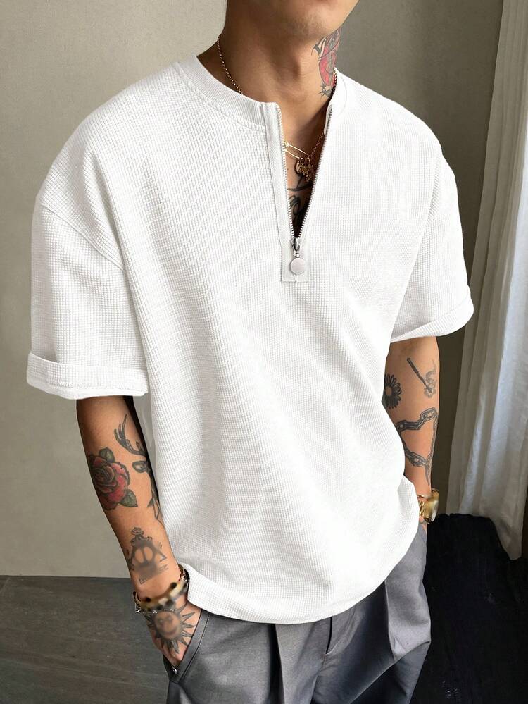 Men's Solid Color 1/3 Zip Collar Textured Fabric T-Shirt, Summer