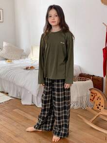 Hapijoa 青少年女孩圆领长袖宽松休闲上衣和裤子睡衣套装 - 軍綠色 - 查看 4