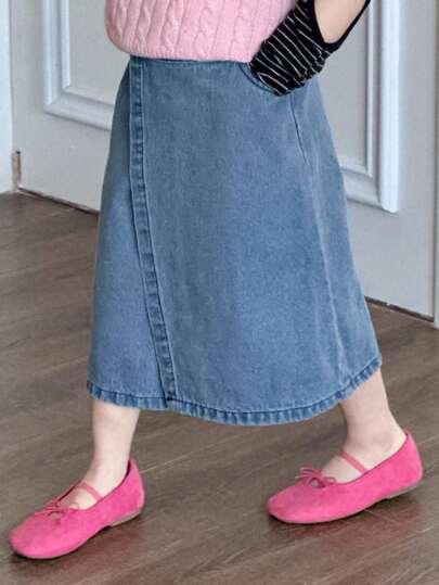 Dazy Kids Young Girl Casual Loose Denim Midi Skirt With Waist Buttons