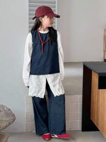 Dazy Kids 2 件套青少年女孩牛仔无袖圆领上衣和牛仔裤套装，秋季服装 - 藍色 - 查看 3
