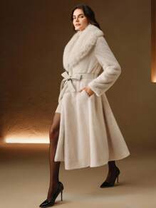 Anewsta 蓬松人造毛皮领子系带修身人造毛皮夹克 - 米色 - 查看 2