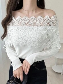 FRIFUL 女式白色拼布透明蕾丝面料纹理露肩休闲百搭 T 恤，适合秋季外出