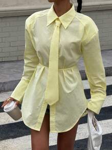 SHEIN EZwear 女装秋季新款奶油黄色系腰垫肩领长袖衬衫