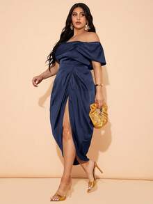 SHEIN BAE 大码女式优雅垂坠中长连衣裙，适合婚礼、伴娘、鸡尾酒会、正式场合 - 藏蓝色 - 查看 5