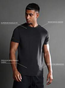 SUMWON 优质运动性能 T 恤，采用优质肌肉贴合设计，加强接缝，透气吸湿排汗面料，非常适合健身训练和跑步 - 黑色 - 查看 1