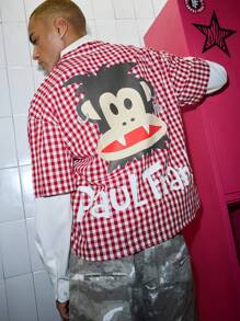 ROMWE MEN Paul Frank X ROMWE Men's Letter & Cartoon Pattern Plaid Short Sleeve Shirt - Red - View 1