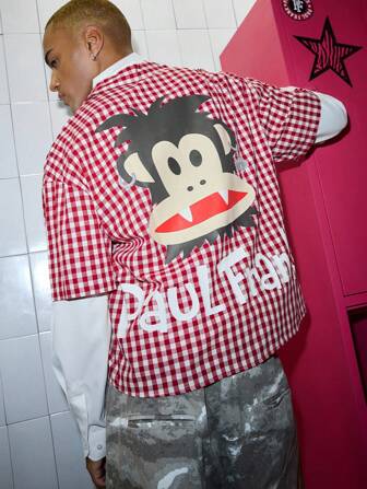 Paul Frank X ROMWE Herren Hemd mit Buchstaben- und Cartoon-Muster Karomuster, Kurzarm