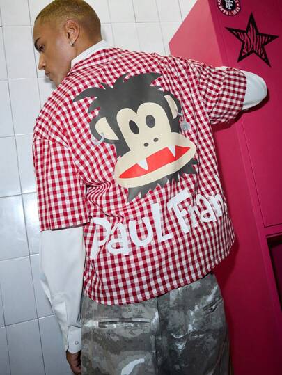 Paul Frank X ROMWE Men's Letter & Cartoon Pattern Plaid Short Sleeve Shirt