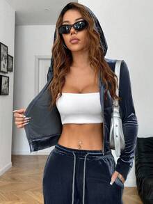 SHEIN EZwear Bộ đồ thể thao quần dài và áo khoác nhung ngắn màu trơn dành cho nữ - Xám - Xem 5