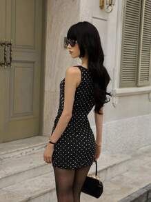 Sweetra Váy ngắn thanh lịch không tay nhún eo chấm bi cho nữ, mùa xuân/hè - màu đen - Xem 3