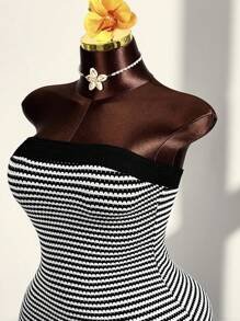 Amplova Vestido curto plus size feminino listrado texturizado com alças finas para o verão - Preto e Branco - Ver 5