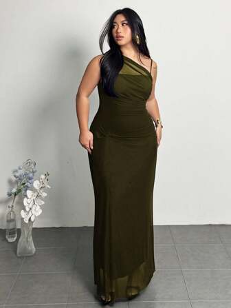 Firerie 加大码女式优雅简约时尚日常基本款 Ins 风格专业办公室通勤影响者音乐节海滩度假透视不对称领口褶皱紧身无袖连衣裙，婚礼宾客礼服女式