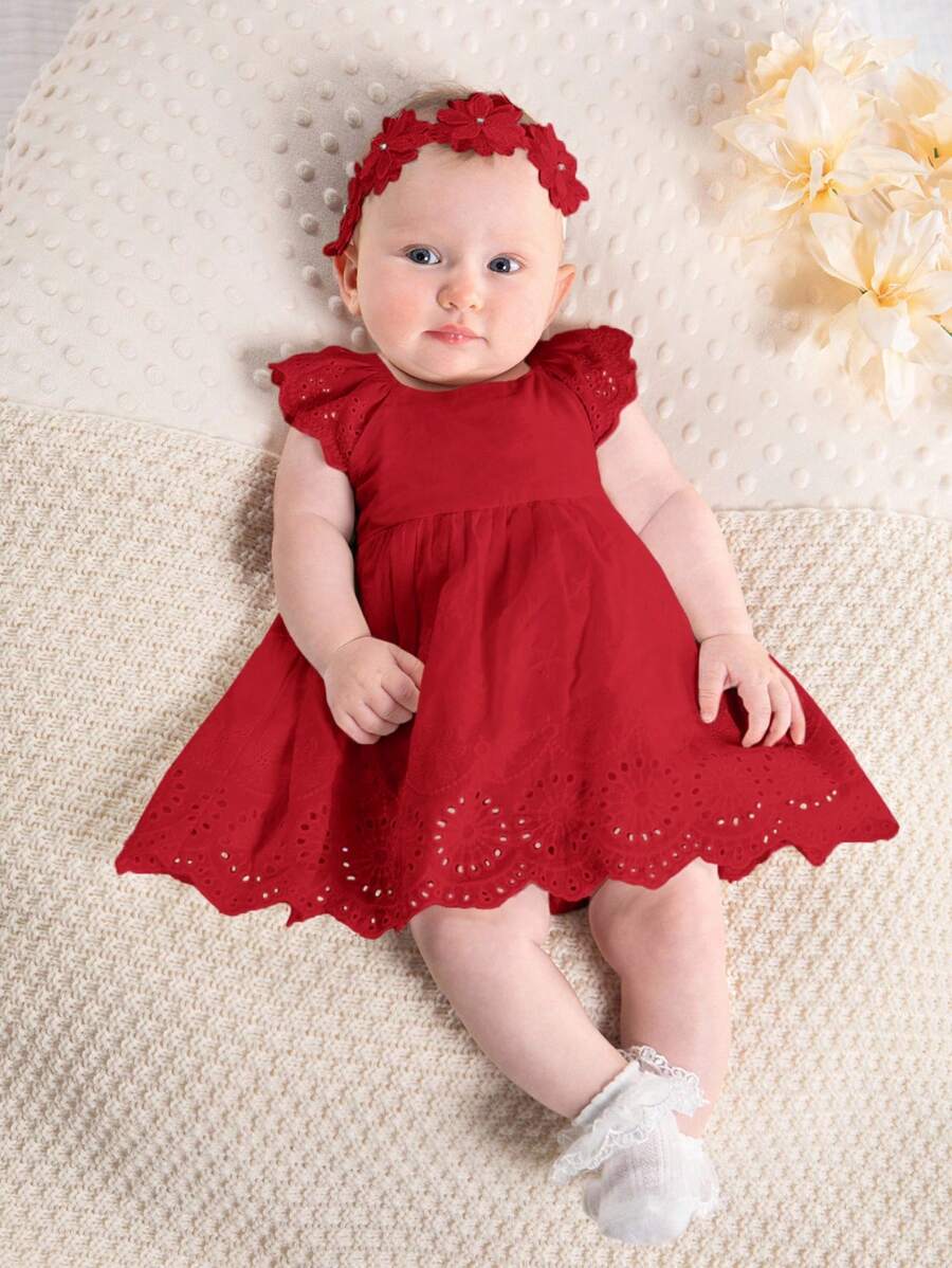 SHEIN Newborn Baby Girl Floral Trim Round Neck Ruffle Waist Dress - Red - View 1