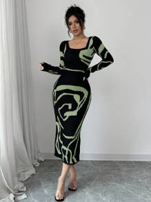 Elenzga Women's Color Block Fitted Waist Flare Sleeve Dress Fall Winter Cloth For Women - Green - View 3