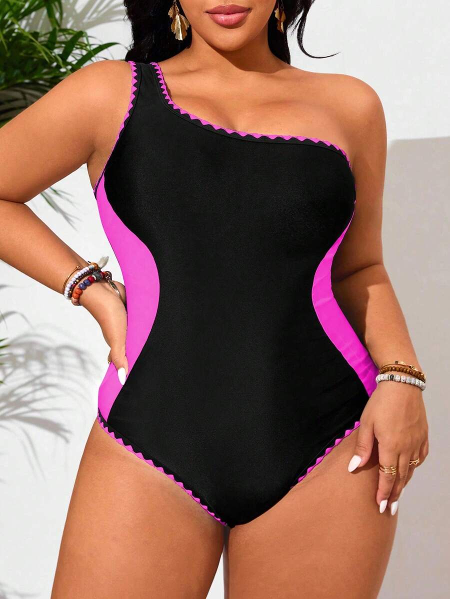 SHEIN Swim Curve Traje de baño de una pieza para mujer de talla grande, bañador casual sexy de un solo hombro para vacaciones