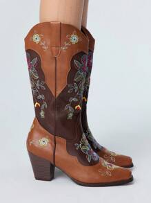 ROMWE Fairycore 女式秋季牛仔靴，一脚蹬，拼色，花卉刺绣细节，西部风格，户外休闲中筒靴