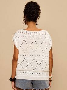 Travachic Gilet sans manches en tricot à motif floral et lignes pour femmes grandes tailles, convient pour l'été et l'automne - Beige - Voir 2