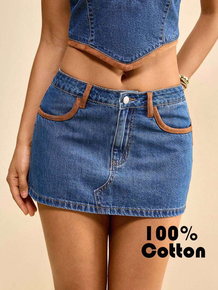SHEIN Unity Women's Vintage Blue Denim Mini Skirt,100% Cotton Low Waist Suede Stitching Retro Streetwear,Summer Music Festival Y2K Fall Comfortable Barn Skirt - Medium Wash - View 1