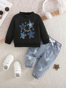 SHEIN 2pcs Baby Boys Sweatshirt + Jeans Set, Round Neck Black Star Print Long Sleeve Sweatshirt Paired With Casual Denim Pants, Fashionable Everyday Wear, Suitable For Autumn/Winter - Black - View 2