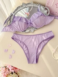 PetitDoll 2pcs Sweet & Minimalist Ruffle Trim Bra & Panty Set (With Underwire, Triangle Panty) - Mauve Purple - View 6