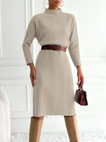 EURMUSE Women's Casual Solid Color Stand Collar Knit Dress, Autumn/Winter,Petite - Beige - View 4