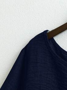 Linhara 大码女式圆领休闲/日常/户外/简约/度假纹理草绿色套头衫，春夏 - 藏蓝色 - 查看 4