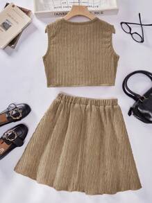 Girls Casual Top With Woven Hem And Skirt, Summer - Brown - View 3