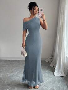 Modelyn Đầm lưới cổ lệch không tay thắt eo thanh lịch cho nữ - Xám Xanh - Xem 1