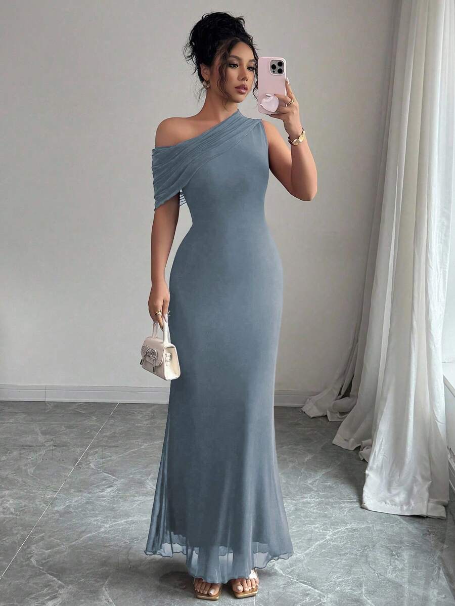 Modelyn Đầm lưới cổ lệch không tay thắt eo thanh lịch cho nữ - Xám Xanh - Xem 1