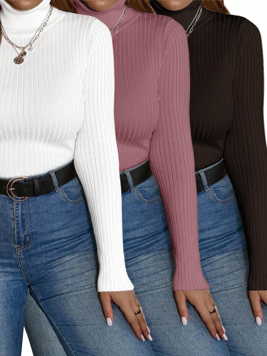 SHEIN LUNE 3pcs/Set Plus Size Women Solid Color Turtleneck Sweater,Autumn Ribbed Long Sleeve Fitted Top,Black And White,Smart Casual,Office,Back-To-School Fall - Pink - View 1