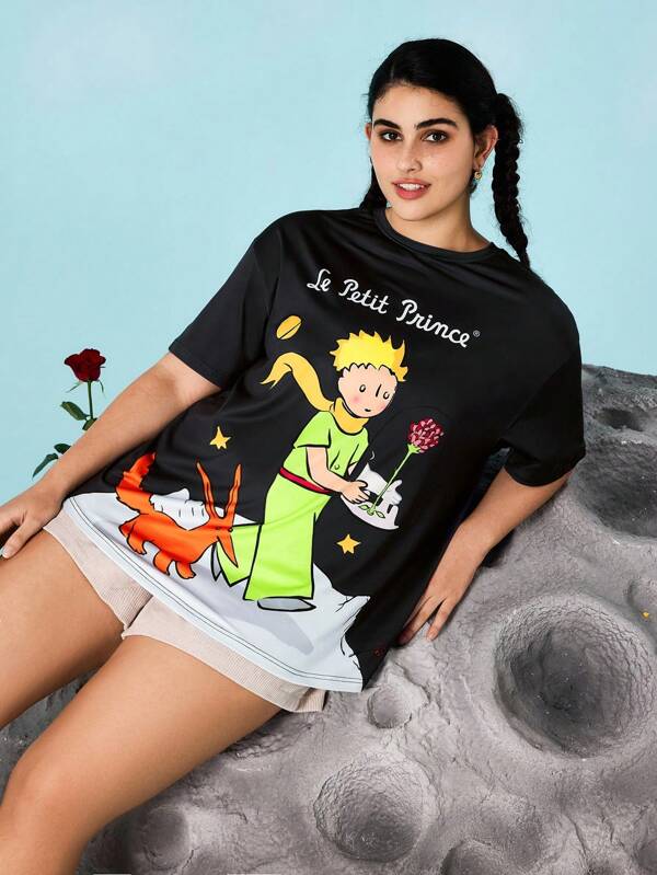 LE PETIT PRINCE X SHEIN Camiseta de manga corta con cuello redondo y estampado de dibujos animados casual para tallas grandes, verano