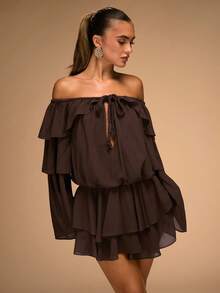SHEIN BAE Women's Chocolate Solid Color Off-The-Shoulder Ruffle Hem Twist Long-Sleeved Dress Brown Boho Flowing Western Cowboy Girl, - Brown - View 6
