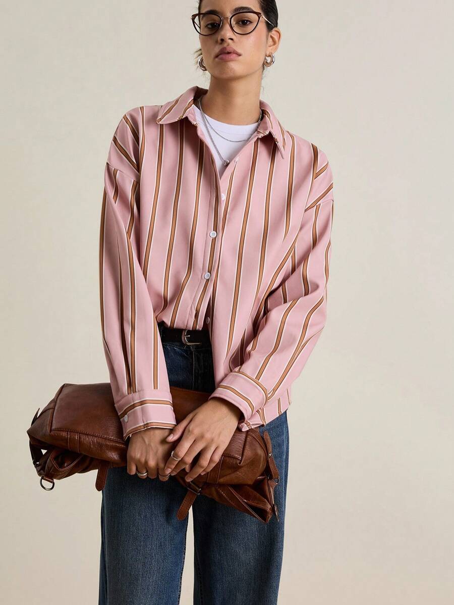 INAWLY Women's Casual Everyday Striped Front Button Down Oversized Shirt Fall Cloth For Women - Pink - View 1