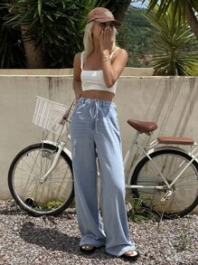 DAZY Jeans amples à jambes larges pour femmes, taille à cordon de serrage, style western décontracté, été - Bleu azur - Voir 6