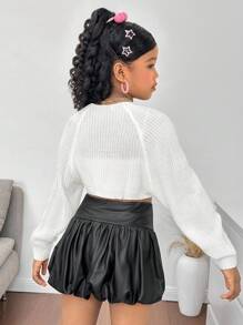 Tween Girl White Cropped Cardigan, Stylish & Fashionable, Suitable For Home, Street, Back To School And Other Occasions,In Fall/Winter - White - View 2