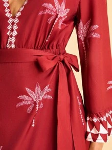 CAJUNI 女士休闲度假热带棕榈树印花深 V 领裹身系带长裙 - 紅色 - 查看 5