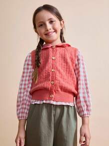 SHEIN Young Girl Casual Daily Simple Solid Color Shell Trim Lapel Sleeveless Button Front Cardigan, Autumn Fall Winter - Orange - View 5