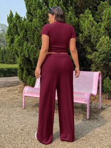 SHEIN EZwear 2 件套加大码纹理针织上衣和抽绳裤套装，休闲 - 酒紅色 - 查看 2