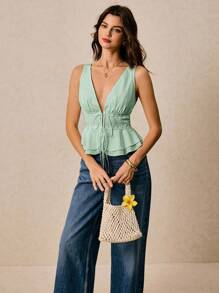 Poéselle Áo cánh không tay cổ chữ V sâu thắt nút đơn giản cho nữ - Màu xanh Bạc hà - Xem 5