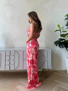 Jemour Đầm Lộ Lưng Hội Chữ thập Xù Dây kéo Hoa Boho - Màu Cam san hô - Xem 6