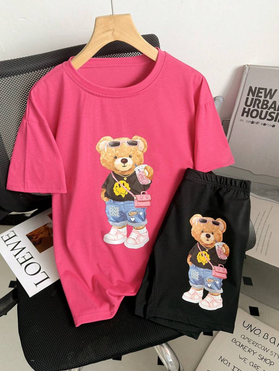 INAWLY 女士泰迪熊印花上衣和短褲套裝