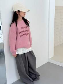 DAZY 青少年女孩字母图案落肩长袖圆领毛衣，秋季服装 - 粉色 - 查看 2