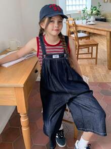 Hapijoa 2 件套 Tween Girl 女童条纹圆领短袖 T 恤 + 牛仔背带裤/连体裤套装，秋季 - 彩色 - 查看 2