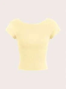 SHEIN EZwear 2 件奶油黄和白色短款露背圆领短袖 T 恤，适合夏季女士修身款式 - 彩色 - 查看 3